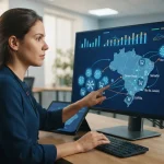 Gráfico ilustrativo mostrando mapas de diferentes regiões do Brasil com ícones de IA e marcas destacadas para representar o m