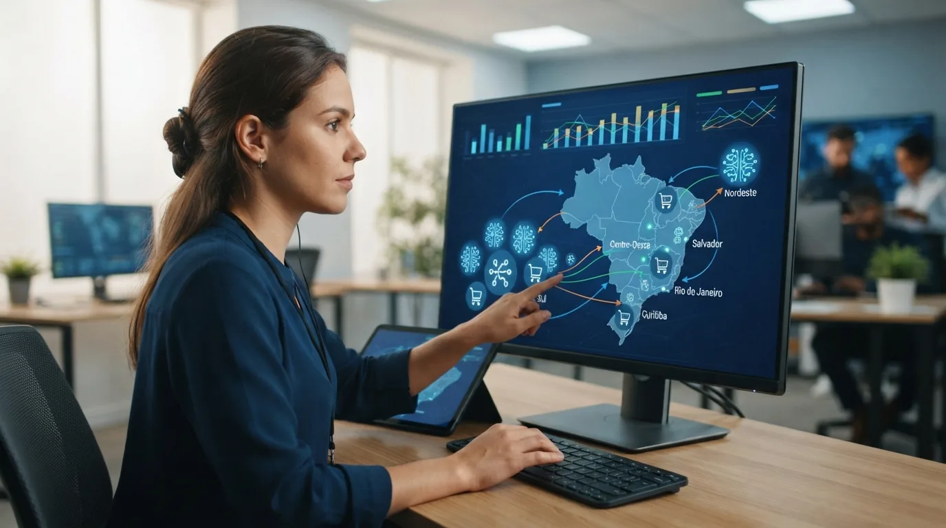 Gráfico ilustrativo mostrando mapas de diferentes regiões do Brasil com ícones de IA e marcas destacadas para representar o m