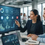Gráfico representando análise de Share of Voice, com ícones de inteligência artificial e marcas sendo monitoradas digitalment
