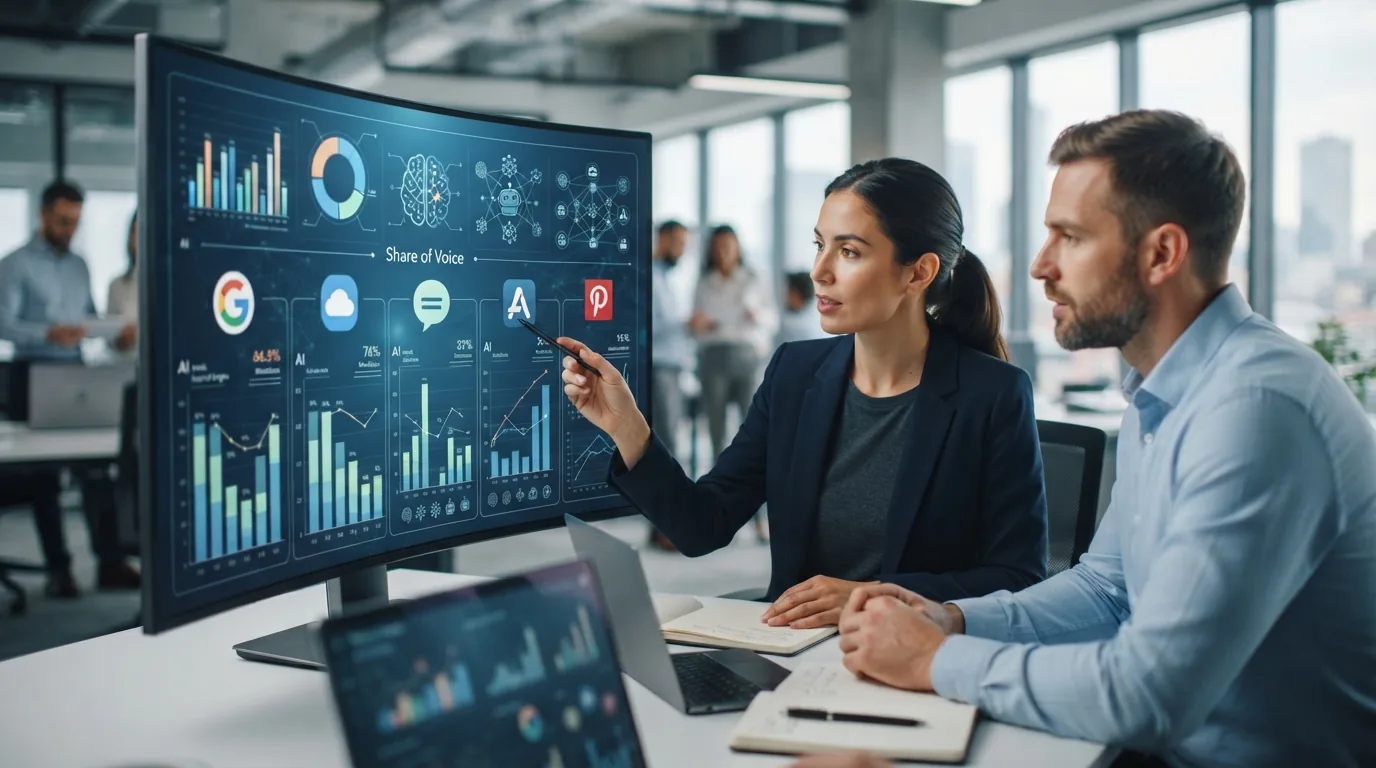 Gráfico representando análise de Share of Voice, com ícones de inteligência artificial e marcas sendo monitoradas digitalment