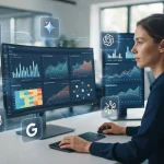 Ilustração de uma tela de computador exibindo gráficos e dados analíticos, rodeada por ícones representando inteligências art