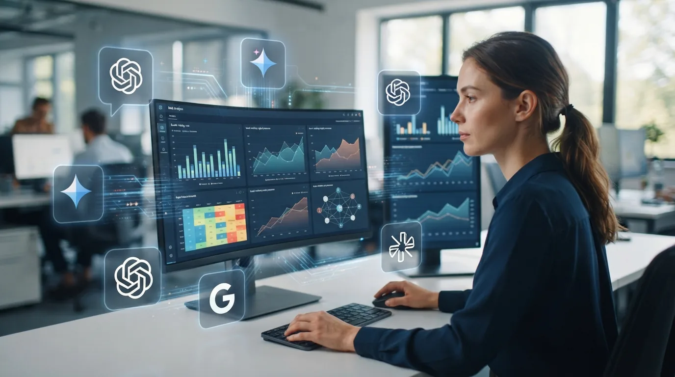 Ilustração de uma tela de computador exibindo gráficos e dados analíticos, rodeada por ícones representando inteligências art