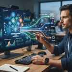 Representação visual de um painel digital com gráficos e ícones de IA, mostrando menções de marcas emergindo de um computador