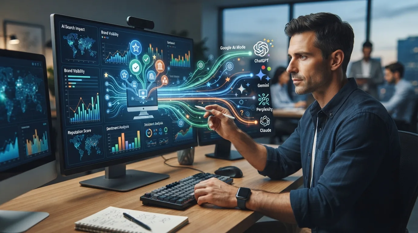 Representação visual de um painel digital com gráficos e ícones de IA, mostrando menções de marcas emergindo de um computador