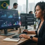 Ilustração representando análise competitiva digital com elementos de inteligência artificial e monitoramento de marcas em in