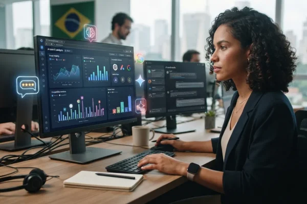Ilustração representando análise competitiva digital com elementos de inteligência artificial e monitoramento de marcas em in