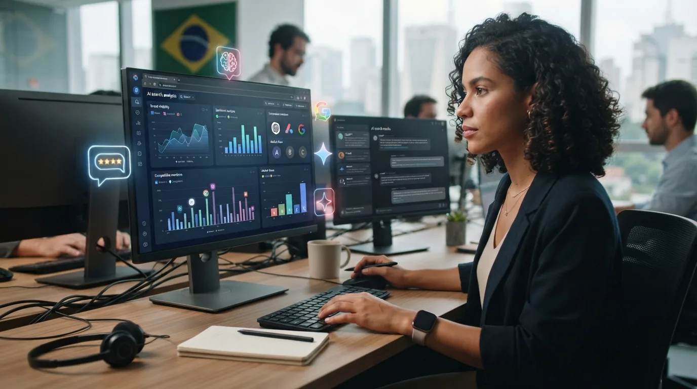 Ilustração representando análise competitiva digital com elementos de inteligência artificial e monitoramento de marcas em in