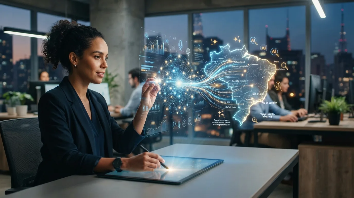 Gráfico ilustrativo mostrando a convergência entre SEO e inteligência artificial com elementos visuais que representam algori