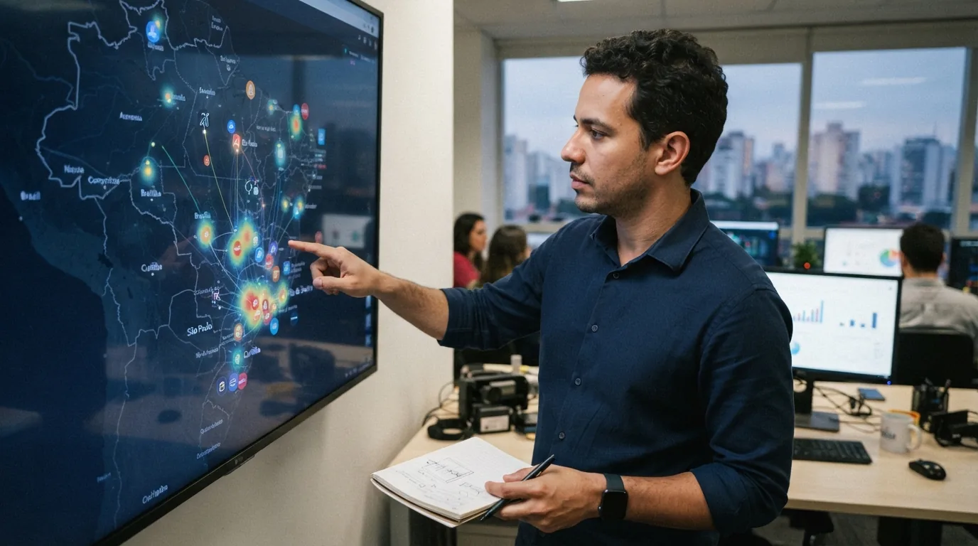 Mapa digital do Brasil com pontos destacados indicando análises geoespaciais de marcas em inteligência artificial