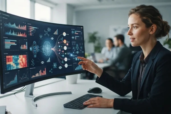 Ilustração digital mostrando uma interface de análise com gráficos e ícones de inteligências artificiais conectadas, evidenci
