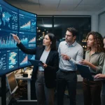 Ilustração de uma equipe de agência analisando dados digitais em telas interativas, com gráficos, menções de marca e represen