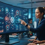 Ilustração de uma marca sendo analisada em uma tela digital por sistemas de inteligência artificial, com gráficos e conexões