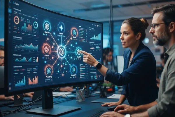 Ilustração de uma marca sendo analisada em uma tela digital por sistemas de inteligência artificial, com gráficos e conexões