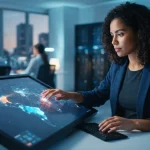 Ilustração de mapas digitais com pontos destacados representando dados geográficos usados para monitorar marcas em plataforma