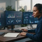 Ilustração de uma interface digital com gráficos e alertas, mostrando o rastreamento de menções de marca em diferentes plataf