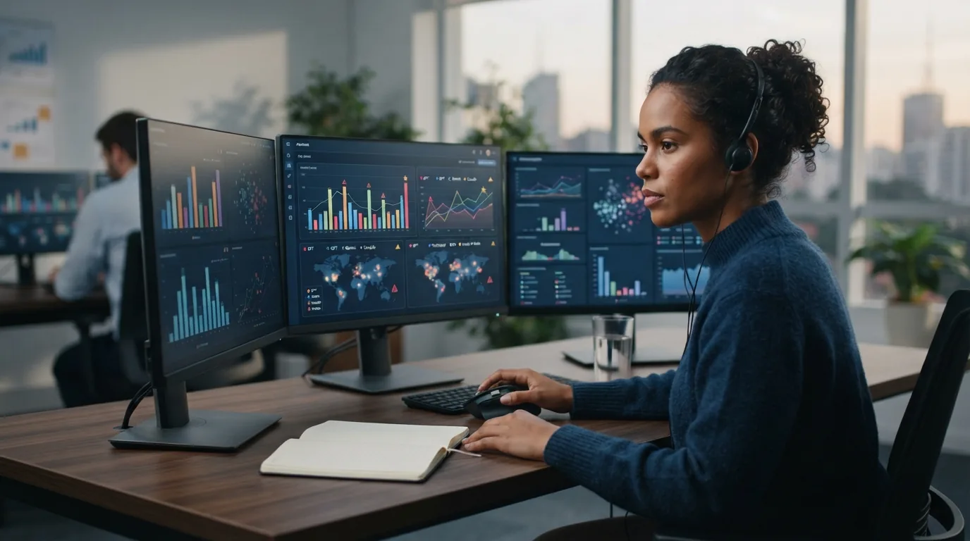 Ilustração de uma interface digital com gráficos e alertas, mostrando o rastreamento de menções de marca em diferentes plataf