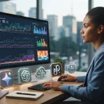 Ilustração de uma tela de computador exibindo gráficos de monitoramento de menções de marcas em inteligências artificiais, co