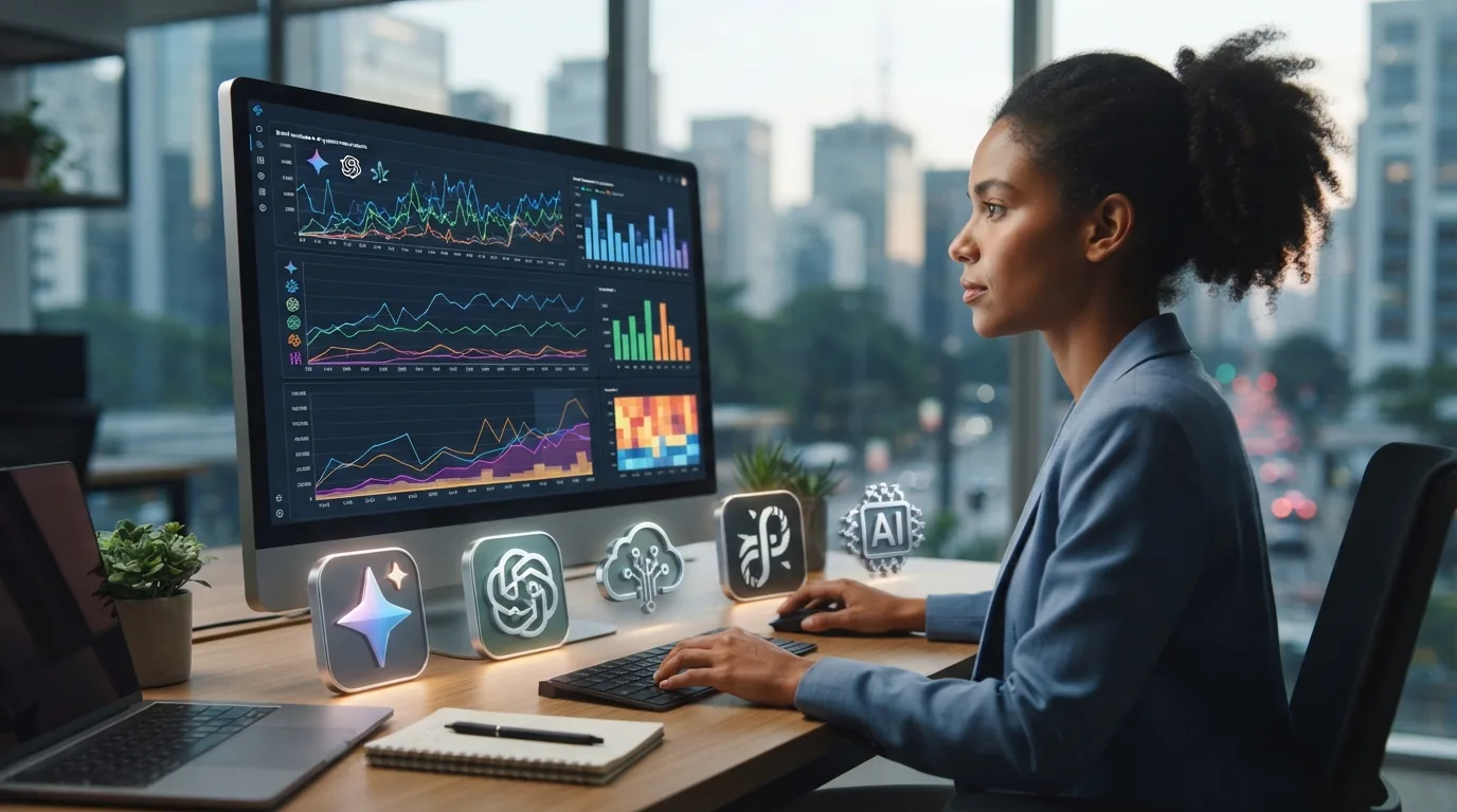 Ilustração de uma tela de computador exibindo gráficos de monitoramento de menções de marcas em inteligências artificiais, co