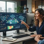 Um gráfico representando análise de dados e monitoramento digital com ícones de IA e marcas brasileiras