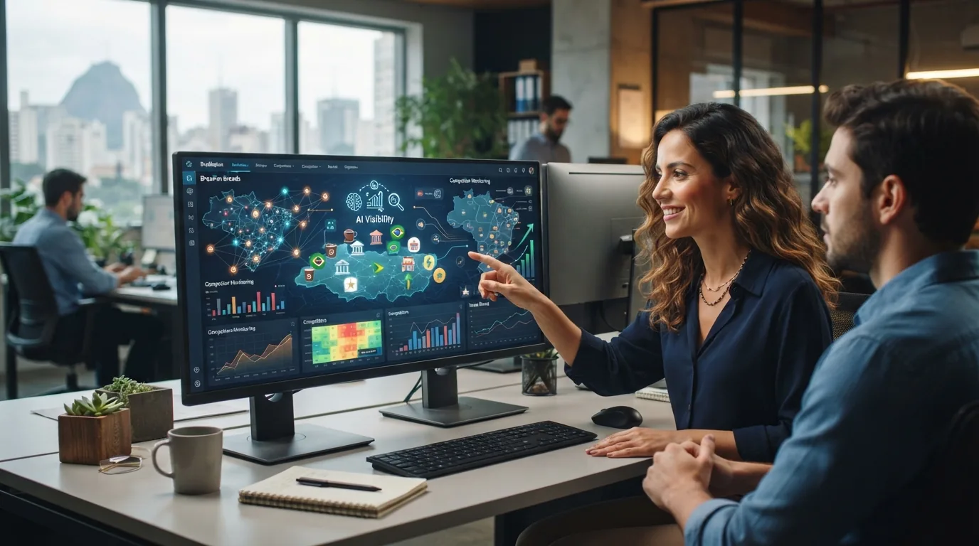 Um gráfico representando análise de dados e monitoramento digital com ícones de IA e marcas brasileiras