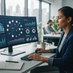 Painel de análise digital mostrando gráficos e dados sobre a presença de marcas em respostas de inteligências artificiais