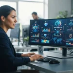 Ilustração de uma marca sendo monitorada em várias respostas de inteligências artificiais, conectando SEO e IA em gráficos e