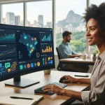 Imagem ilustrativa de uma tela de computador exibindo gráficos e análises de monitoramento de marca em diferentes inteligênci