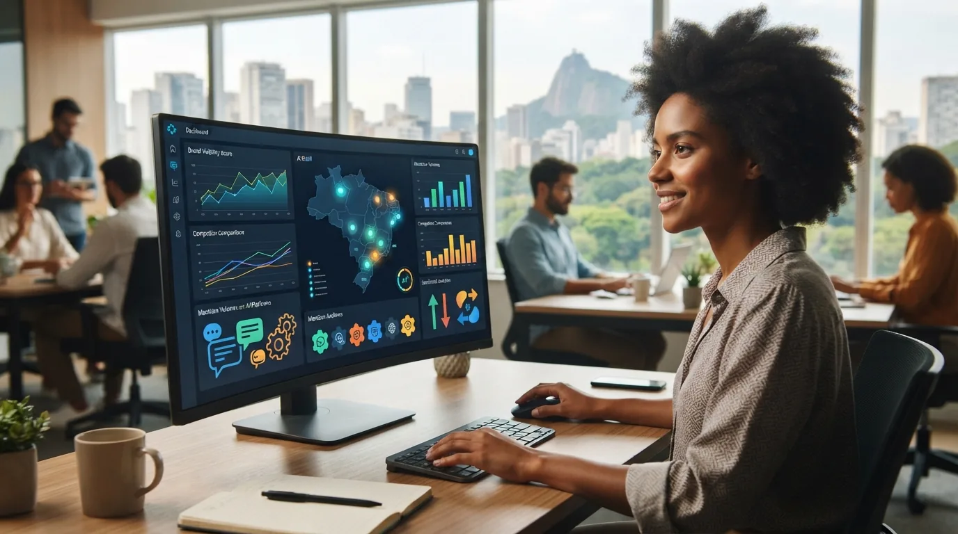 Imagem ilustrativa de uma tela de computador exibindo gráficos e análises de monitoramento de marca em diferentes inteligênci