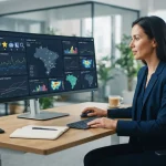 Ilustração de uma marca brasileira sendo monitorada em múltiplas interfaces de inteligência artificial, com gráficos e dados