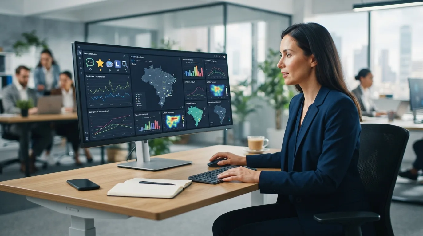 Ilustração de uma marca brasileira sendo monitorada em múltiplas interfaces de inteligência artificial, com gráficos e dados