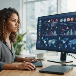 Ilustração de uma tela de computador exibindo monitoramento de menções de marca em diferentes plataformas de inteligência art