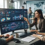 Imagem ilustrativa de agências monitorando a presença digital de marcas em interfaces de inteligência artificial, com gráfico