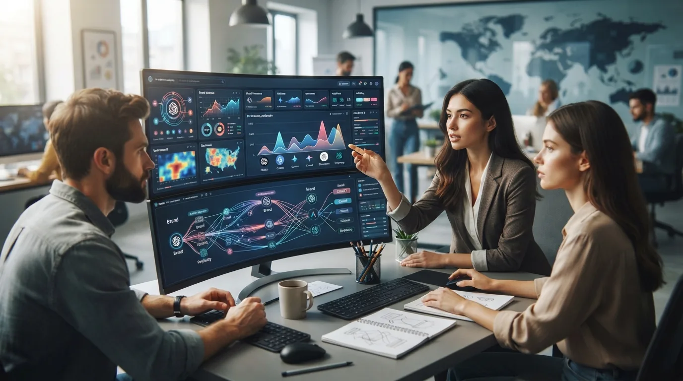 Imagem ilustrativa de agências monitorando a presença digital de marcas em interfaces de inteligência artificial, com gráfico
