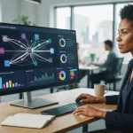 Uma tela de computador exibindo um painel de monitoramento digital com gráficos e menções de marca em respostas de IA
