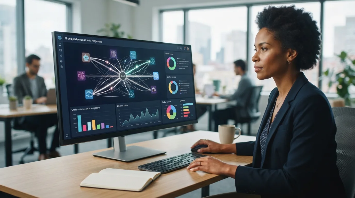 Uma tela de computador exibindo um painel de monitoramento digital com gráficos e menções de marca em respostas de IA