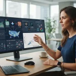 Ilustração de uma tela de computador exibindo gráficos e dados relacionados ao monitoramento de marca através de inteligência