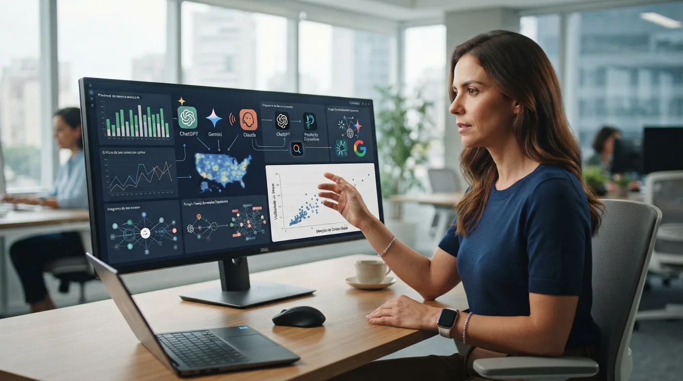 Ilustração de uma tela de computador exibindo gráficos e dados relacionados ao monitoramento de marca através de inteligência