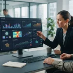 Dashboard moderno exibindo gráficos e indicadores de AI Visibility com análise de menções de marca em inteligências artificia