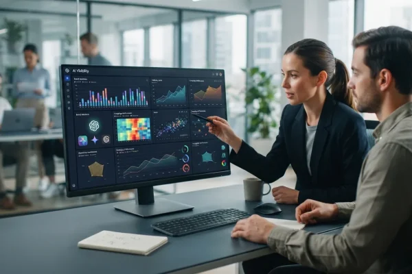 Dashboard moderno exibindo gráficos e indicadores de AI Visibility com análise de menções de marca em inteligências artificia