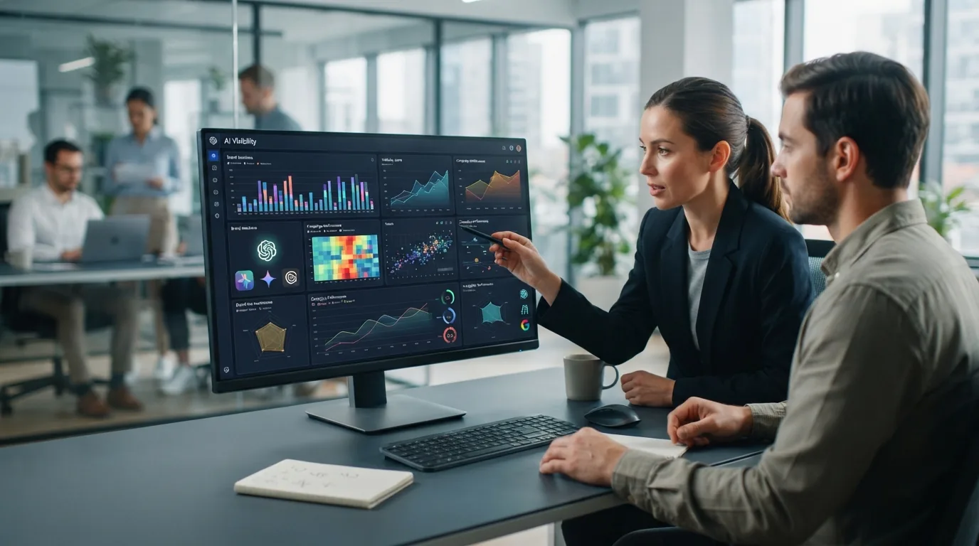 Dashboard moderno exibindo gráficos e indicadores de AI Visibility com análise de menções de marca em inteligências artificia