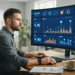 Ilustração mostrando um dashboard com gráficos e alertas de monitoramento de citações da marca em diferentes inteligências ar