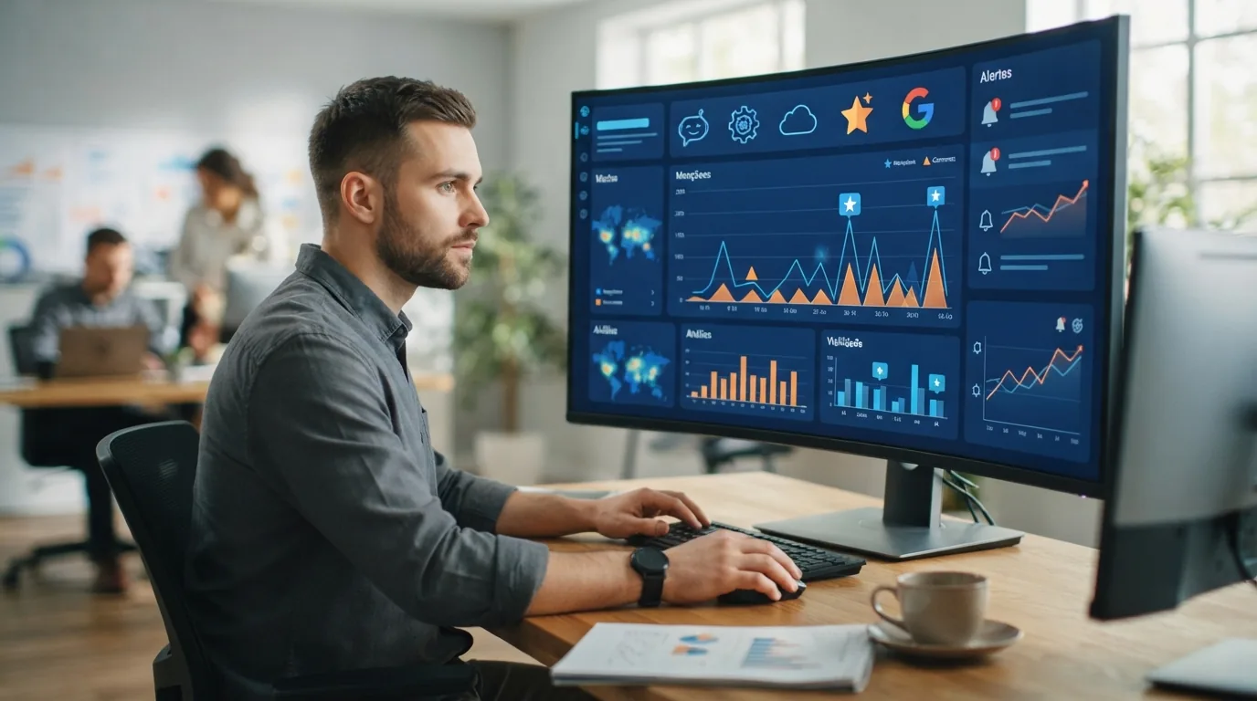 Ilustração mostrando um dashboard com gráficos e alertas de monitoramento de citações da marca em diferentes inteligências ar