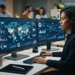 Mapa digital com camadas de dados geoespaciais integrados em gráficos de análise de presença digital