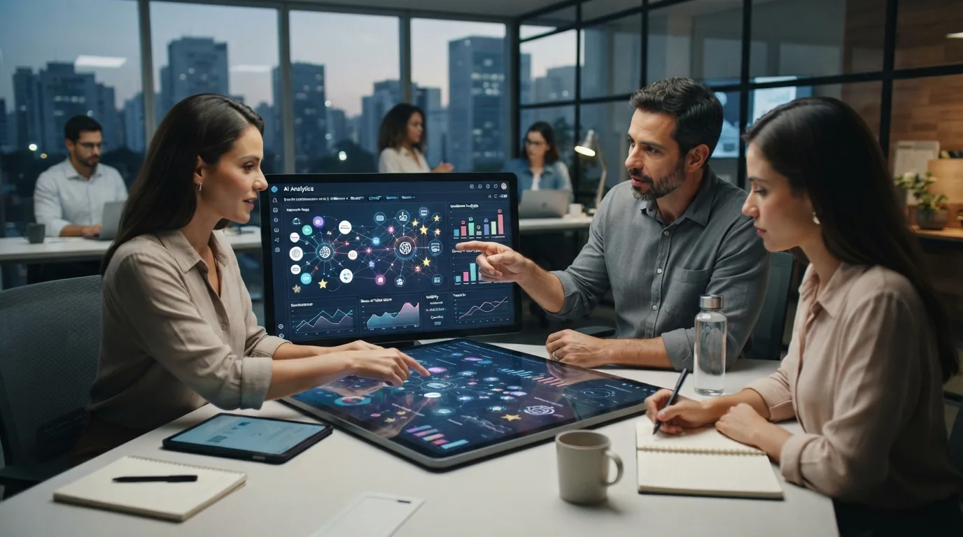 Imagem conceitual mostrando uma interface digital com gráficos analíticos e ícones de inteligências artificiais, representand