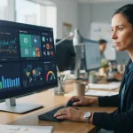 Imagem ilustrativa de uma interface digital exibindo análises de menções de marcas em inteligências artificiais, com gráficos