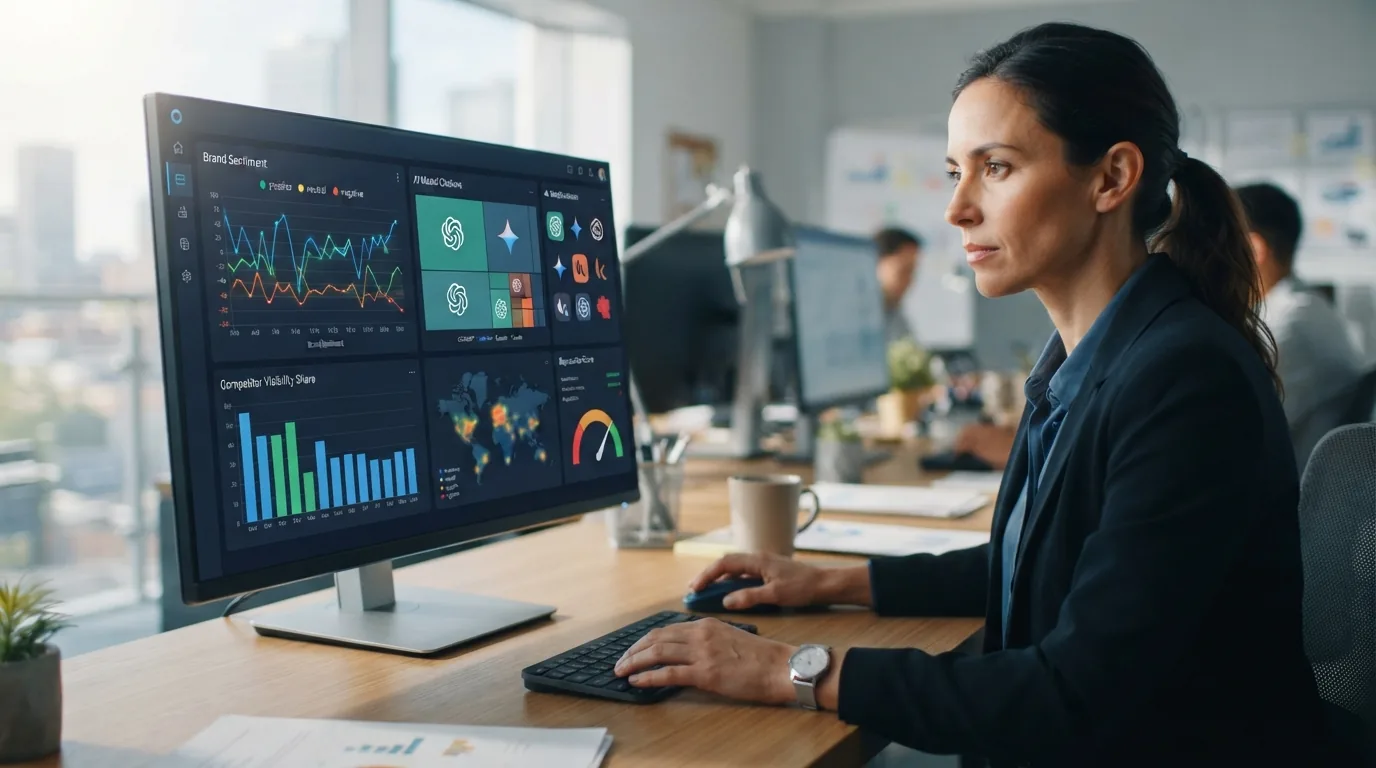 Imagem ilustrativa de uma interface digital exibindo análises de menções de marcas em inteligências artificiais, com gráficos