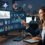 Um painel digital exibindo gráficos e menções de marca, com ícones que representam várias inteligências artificiais como Chat