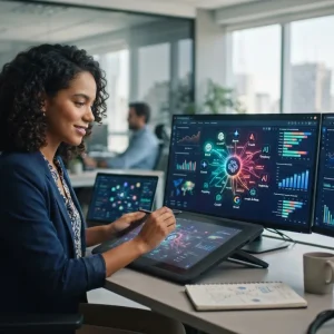 Ilustração de uma marca brasileira destacada em telas digitais com gráficos e ícones representando inteligência artificial e