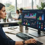 Ilustração de uma tela de computador exibindo gráficos de monitoramento de citações em inteligência artificial, representando
