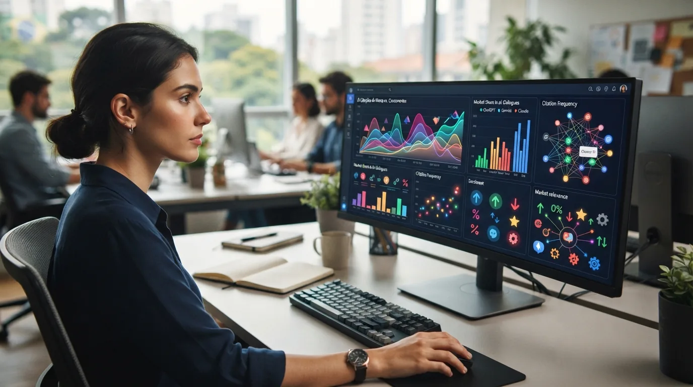 Ilustração de uma tela de computador exibindo gráficos de monitoramento de citações em inteligência artificial, representando